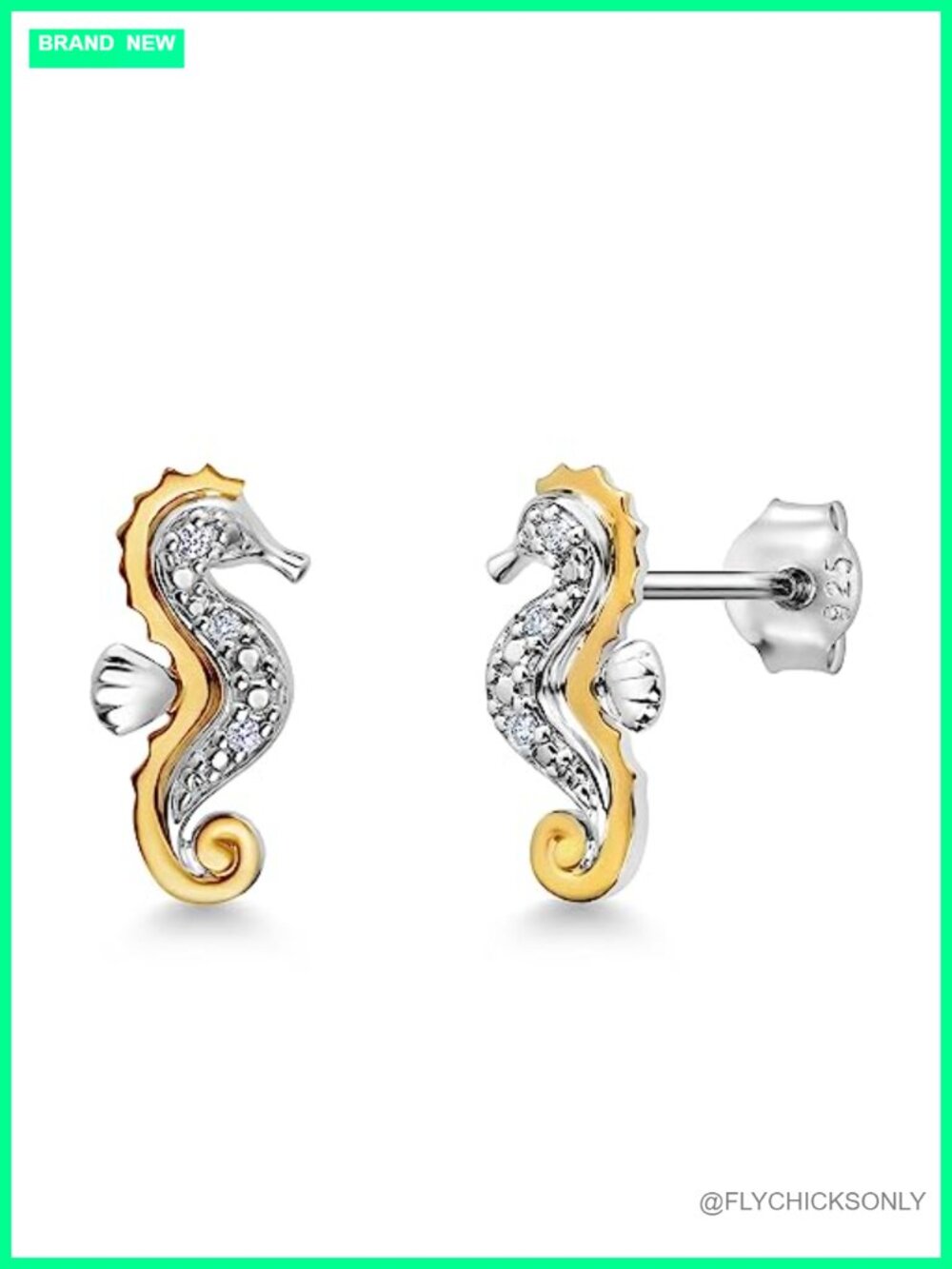Lab Grown Diamond Seahorse Stud Earrings 925 Silver 10K Yellow Gold